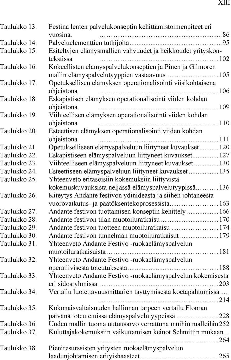 .. 105 Taulukko 17. Opetuksellisen elämyksen operationalisointi viisikohtaisena ohjeistona... 106 Taulukko 18. Eskapistisen elämyksen operationalisointi viiden kohdan ohjeistona... 109 Taulukko 19.