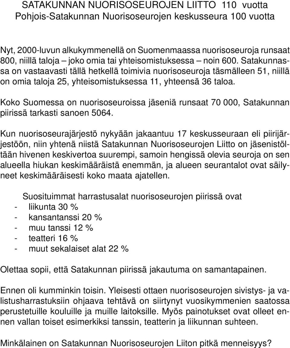 Koko Suomessa on nuorisoseuroissa jäseniä runsaat 70 000, Satakunnan piirissä tarkasti sanoen 5064.