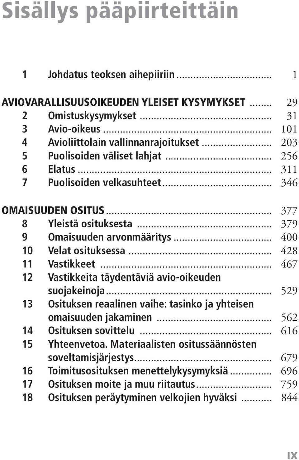 .. 428 11 Vastikkeet... 467 12 Vastikkeita täydentäviä avio-oikeuden suojakeinoja... 529 13 Osituksen reaalinen vaihe: tasinko ja yhteisen omaisuuden jakaminen... 562 14 Osituksen sovittelu.