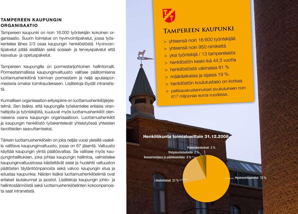 Hyvinvointipalvelut pitää sisällään sekä sosiaali- ja terveyspalvelut että kasvatus- ja opetuspalvelut. Tampereen kaupungilla on pormestarijohtoinen hallintomalli.