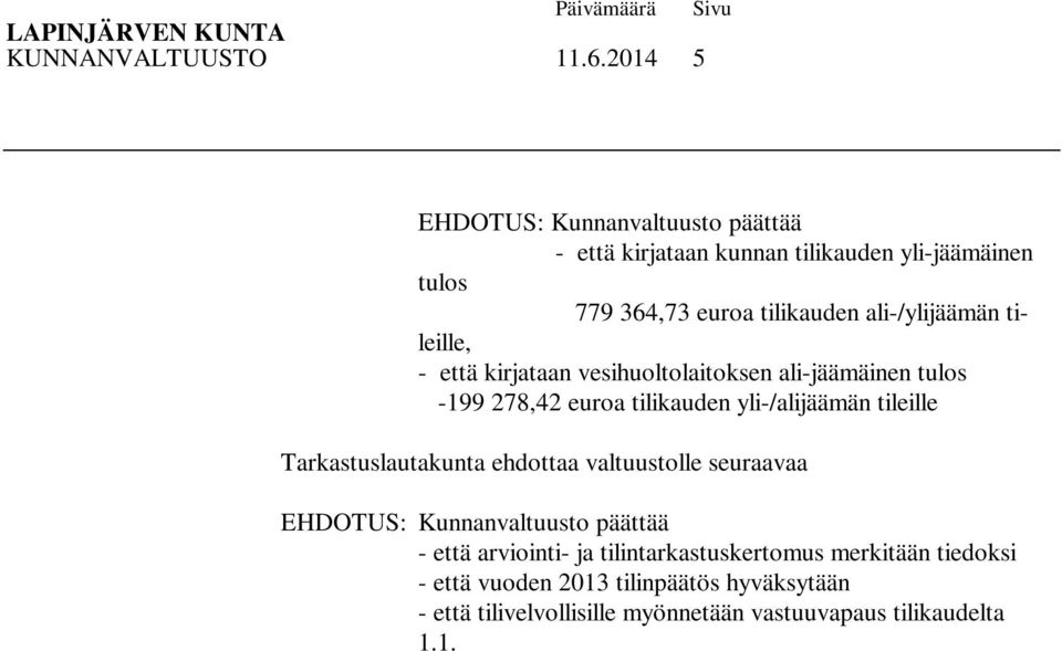 tulos -199 278,42 euroa tilikauden yli-/alijäämän tileille Tarkastuslautakunta ehdottaa valtuustolle seuraavaa EHDOTUS: Kunnanvaltuusto päättää - että arviointi- ja tilintarkastuskertomus merkitään