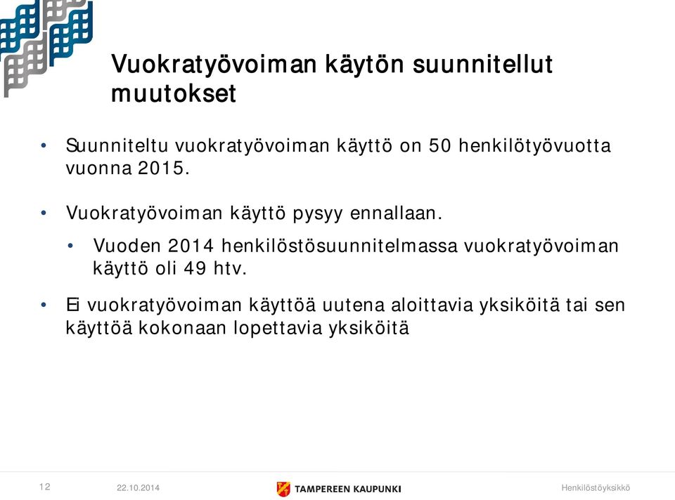 Vuoden 2014 henkilöstösuunnitelmassa vuokratyövoiman käyttö oli 49 htv.