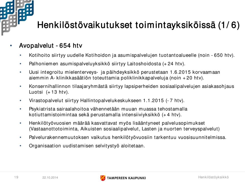 2015 korvaamaan aiemmin A-klinikkasäätiön toteuttamia poliklinikkapalveluja (noin +20 htv). Konsernihallinnon tilaajaryhmästä siirtyy lapsiperheiden sosiaalipalvelujen asiakasohjaus Luotsi (+13 htv).