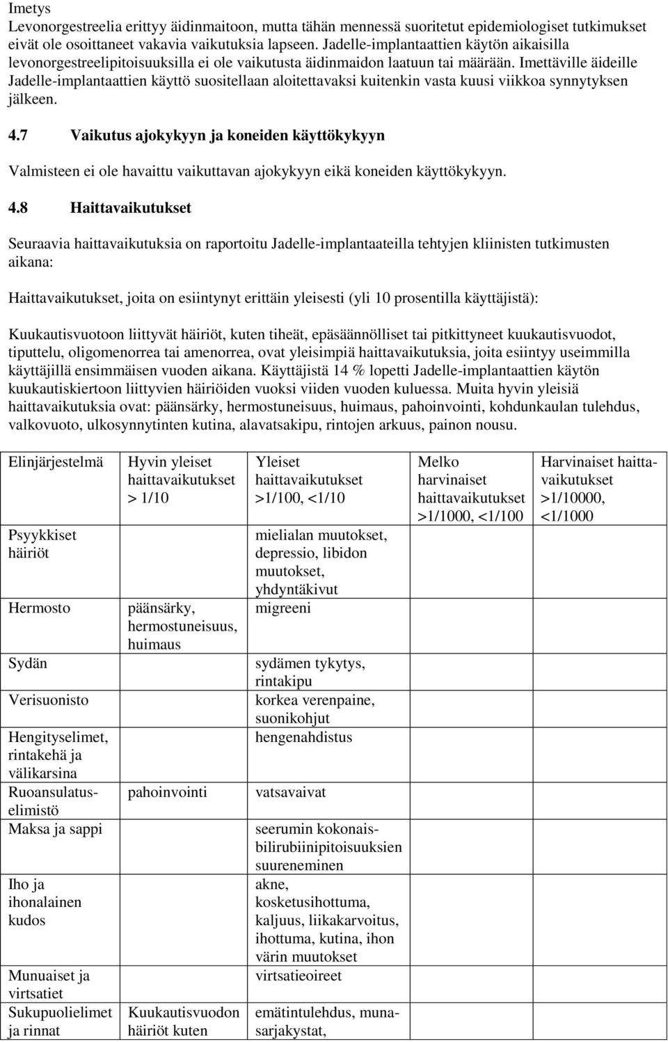 Imettäville äideille Jadelle-implantaattien käyttö suositellaan aloitettavaksi kuitenkin vasta kuusi viikkoa synnytyksen jälkeen. 4.