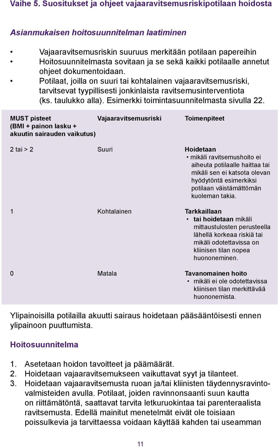 sekä kaikki potilaalle annetut ohjeet dokumentoidaan. Potilaat, joilla on suuri tai kohtalainen vajaaravitsemusriski, tarvitsevat tyypillisesti jonkinlaista ravitsemusinterventiota (ks.