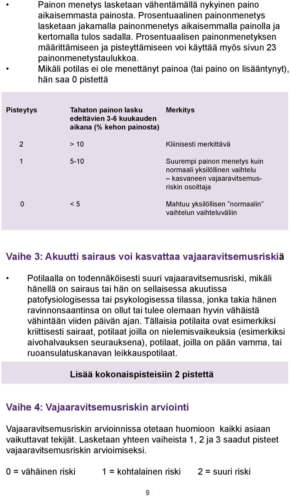 Mikäli potilas ei ole menettänyt painoa (tai paino on lisääntynyt), hän saa 0 pistettä Pisteytys Tahaton painon lasku Merkitys edeltävien 3-6 kuukauden aikana (% kehon painosta) 2 > 10 Kliinisesti