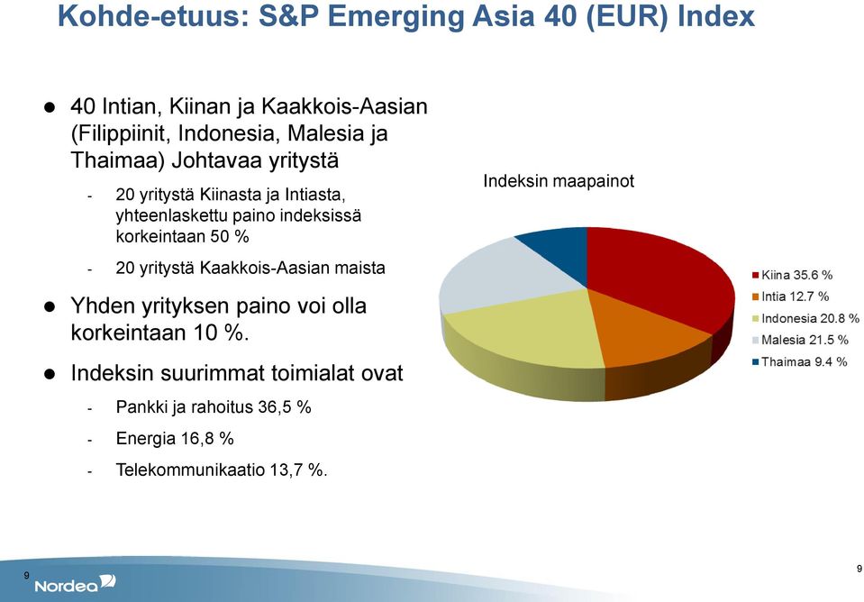 korkeintaan 50 % - 20 yritystä Kaakkois-Aasian maista Indeksin maapainot Yhden yrityksen paino voi olla