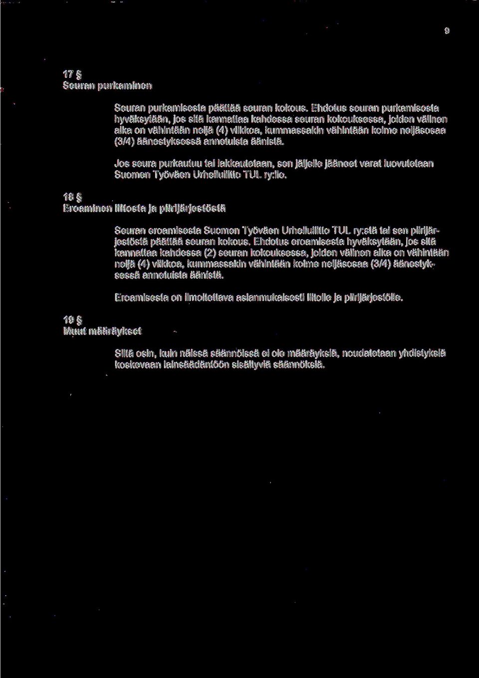 annetuista aanista. Jos seura purkautuu tai lakkautetaan, sen jaljelle jaaneet varat luovutetaan Suomen Tyovaen Urheiluliitto TUL ry:lle.