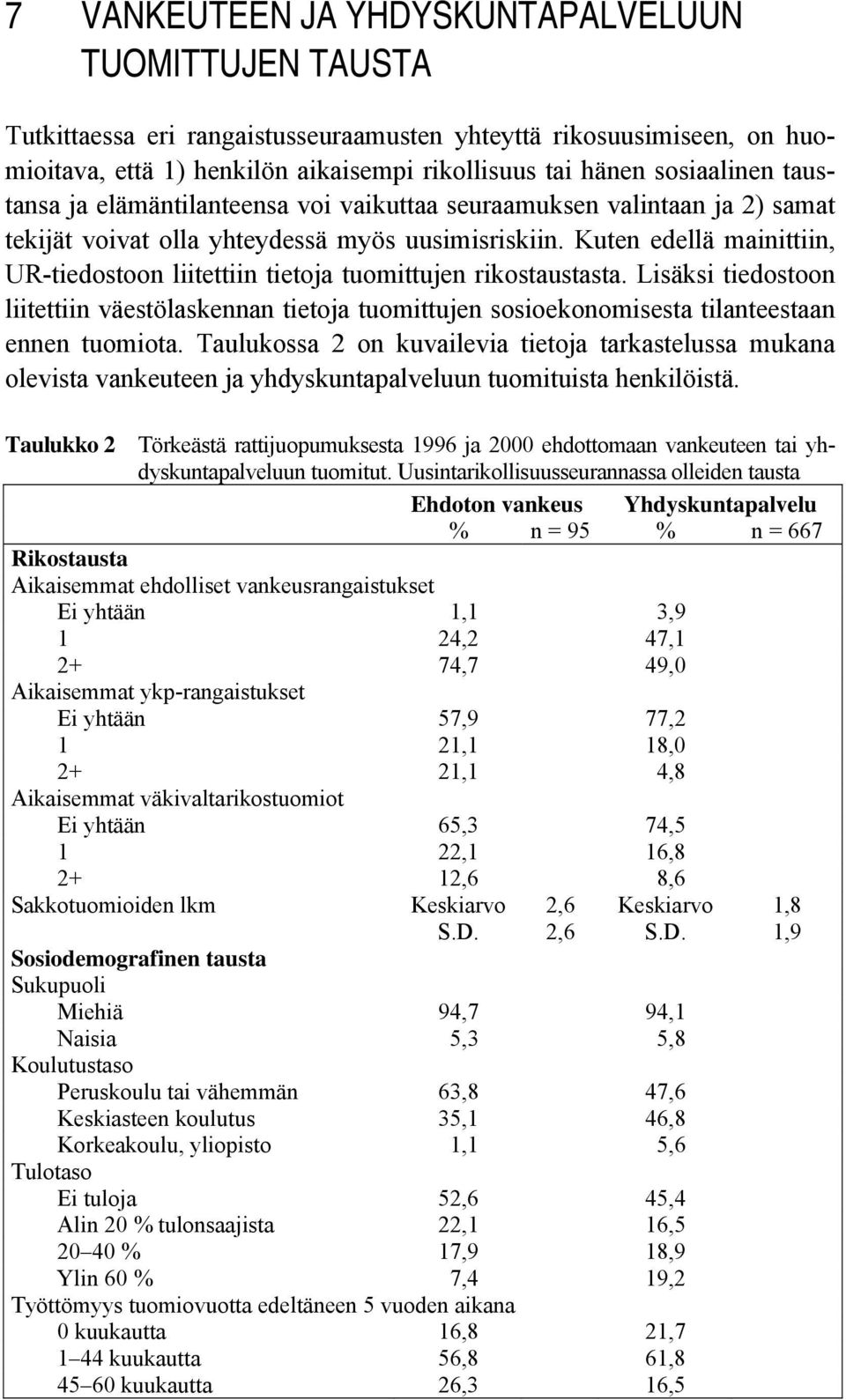 Kuten edellä mainittiin, UR-tiedostoon liitettiin tietoja tuomittujen rikostaustasta. Lisäksi tiedostoon liitettiin väestölaskennan tietoja tuomittujen sosioekonomisesta tilanteestaan ennen tuomiota.