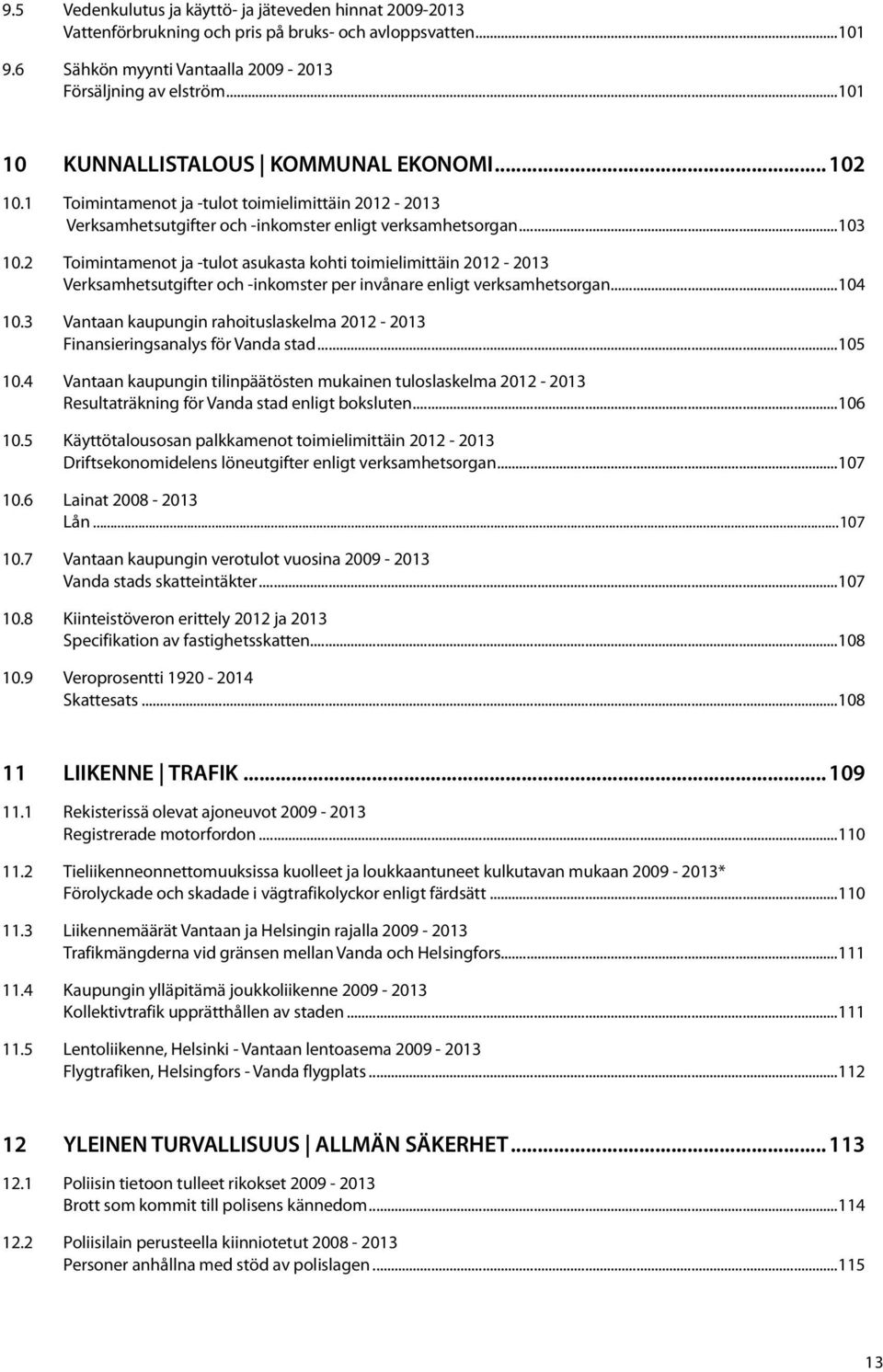 2 Toimintamenot ja -tulot asukasta kohti toimielimittäin 2012-2013 Verksamhetsutgifter och -inkomster per invånare enligt verksamhetsorgan...104 10.