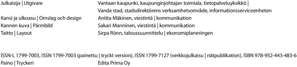 kuva Pärmbild Sakari Manninen, viestintä kommunikation Taitto Layout Sirpa Rönn, taloussuunnittelu ekonomiplaneringen ISSN-L