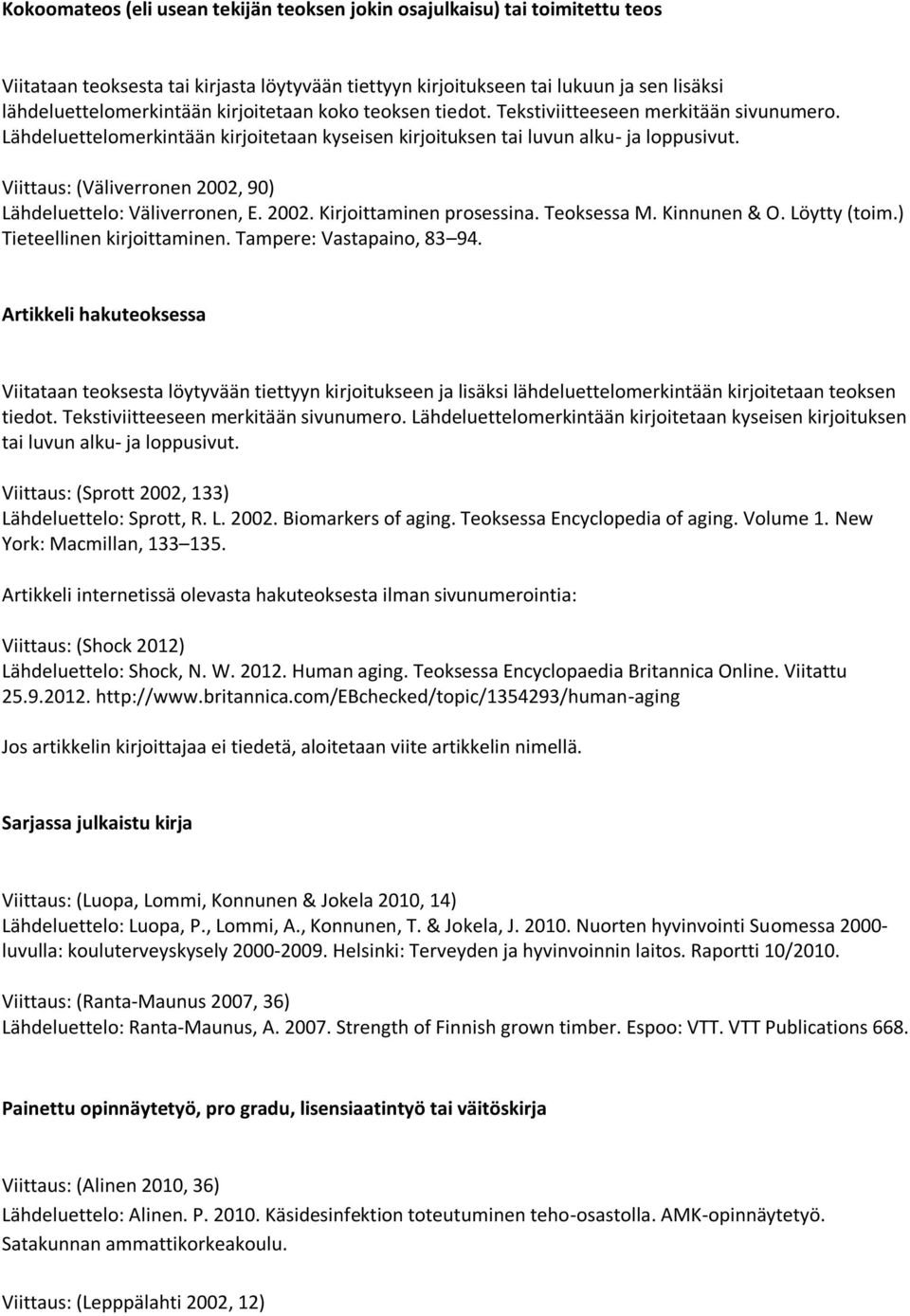 Viittaus: (Väliverronen 2002, 90) Lähdeluettelo: Väliverronen, E. 2002. Kirjoittaminen prosessina. Teoksessa M. Kinnunen & O. Löytty (toim.) Tieteellinen kirjoittaminen. Tampere: Vastapaino, 83 94.