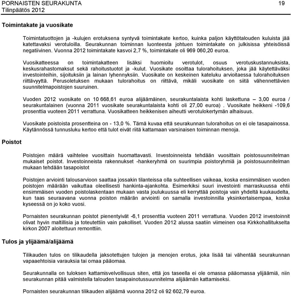 Vuosikatteessa on toimintakatteen lisäksi huomioitu verotulot, osuus verotuskustannuksista, keskusrahastomaksut sekä rahoitustuotot ja -kulut.