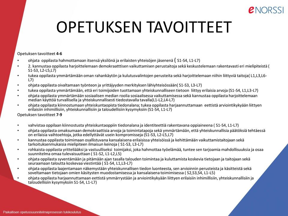 kulutusvalintojen perusteita sekä harjoittelemaan niihin liittyviä taitoja( L1,L3,L6- L7) ohjata oppilasta oivaltamaan työnteon ja yrittäjyyden merkityksen lähiyhteisössään( S1-S3, L3-L7) tukea