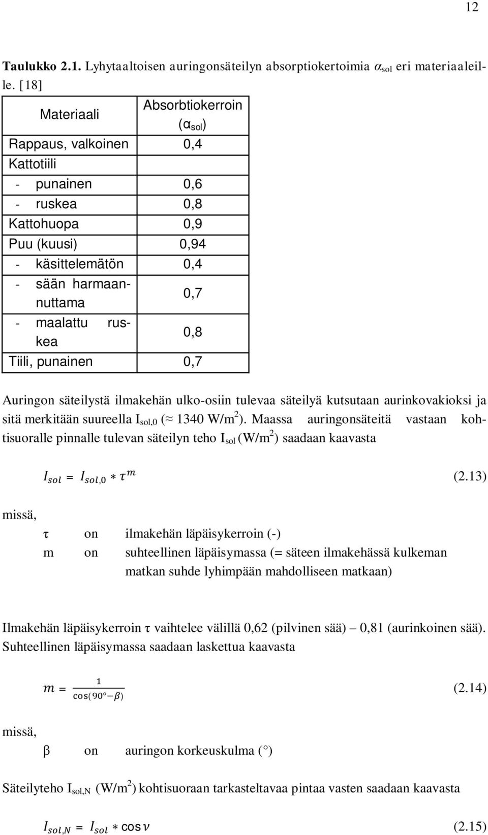 0,8 Tiili, punainen 0,7 Auringon säteilystä ilmakehän ulko-osiin tulevaa säteilyä kutsutaan aurinkovakioksi ja sitä merkitään suureella I sol,0 ( 1340 W/m 2 ).