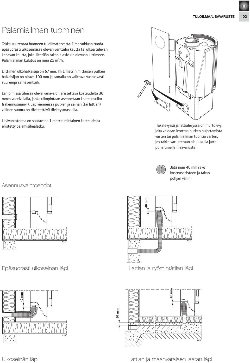 Liittimen ulkohalkaisija on 67 mm. Yli 1 metrin mittaisen putken halkaisijan on oltava 100 mm ja samalla on valittava vastaavasti suurempi seinäventtiili.