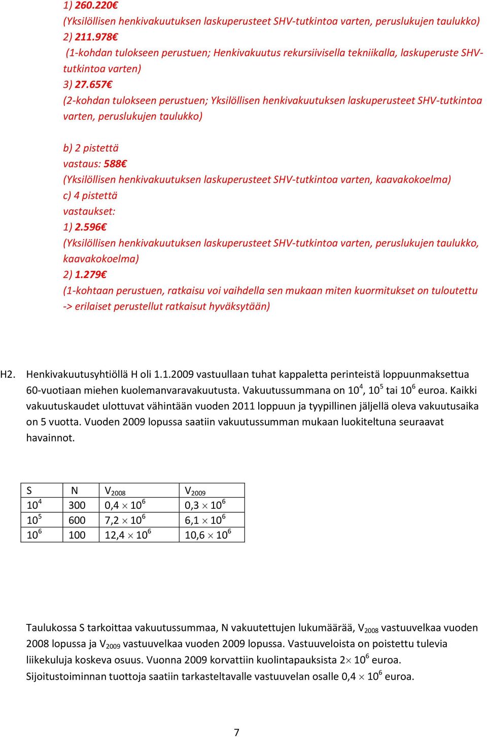 657 (2-kohdan tulokseen perustuen; Yksilöllisen henkivakuutuksen laskuperusteet SHV-tutkintoa varten, peruslukujen taulukko) b) 2 pistettä vastaus: 588 (Yksilöllisen henkivakuutuksen laskuperusteet