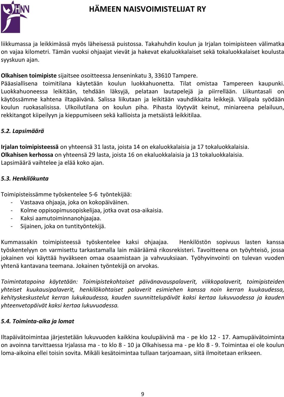 Pääasiallisena toimitilana käytetään koulun luokkahuonetta. Tilat omistaa Tampereen kaupunki. Luokkahuoneessa leikitään, tehdään läksyjä, pelataan lautapelejä ja piirrellään.