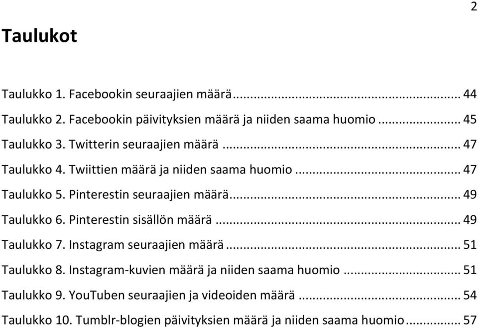 .. 49 Taulukko 6. Pinterestin sisällön määrä... 49 Taulukko 7. Instagram seuraajien määrä... 51 Taulukko 8.