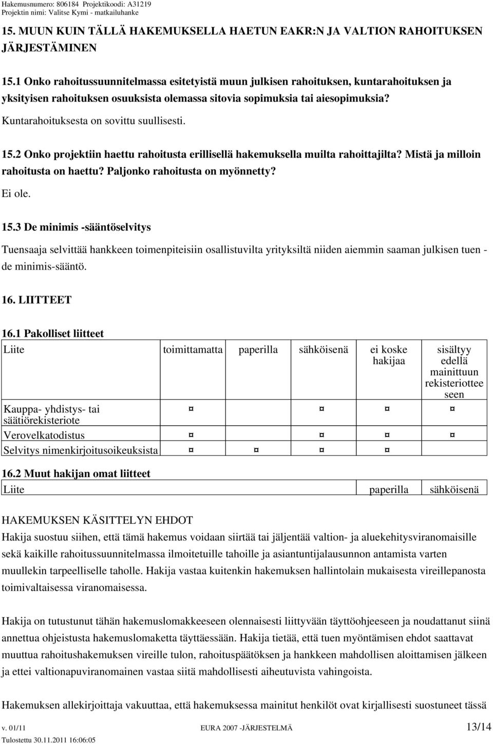 Kuntarahoituksesta on sovittu suullisesti. 15.2 Onko projektiin haettu rahoitusta erillisellä hakemuksella muilta rahoittajilta? Mistä ja milloin rahoitusta on haettu?