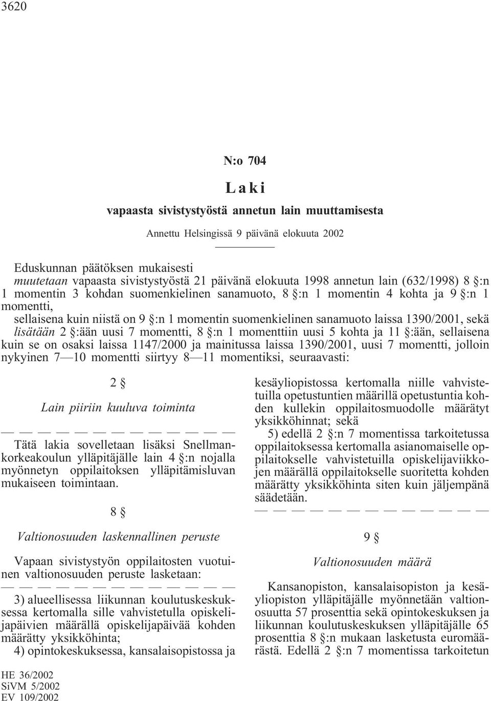 1390/2001, sekä lisätään 2 :ään uusi 7 momentti, 8 :n 1 momenttiin uusi 5 kohta ja 11 :ään, sellaisena kuin se on osaksi laissa 1147/2000 ja mainitussa laissa 1390/2001, uusi 7 momentti, jolloin