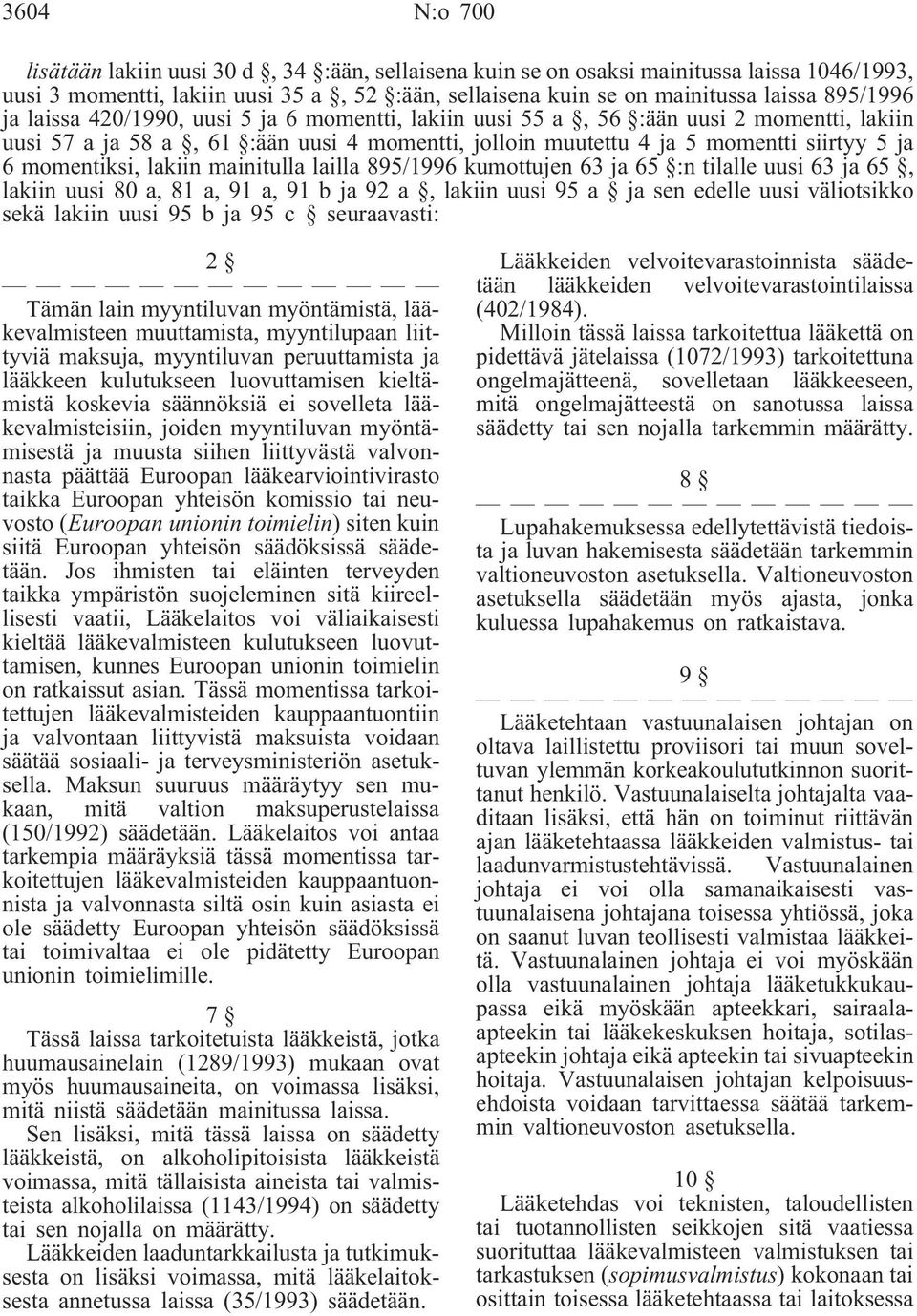 lakiin mainitulla lailla 895/1996 kumottujen 63 ja 65 :n tilalle uusi 63 ja 65, lakiin uusi 80 a, 81 a, 91 a, 91 b ja 92 a, lakiin uusi 95 a jasenedelle uusi väliotsikko sekä lakiin uusi 95 b ja 95 c