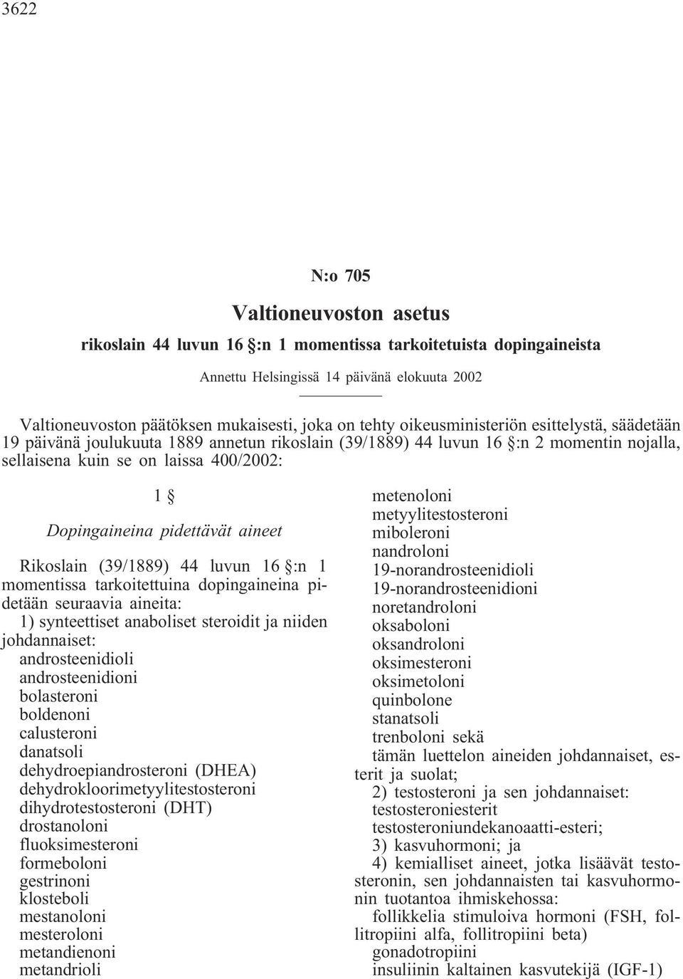 pidettävät aineet Rikoslain (39/1889) 44 luvun 16 :n 1 momentissa tarkoitettuina dopingaineina pidetään seuraavia aineita: 1) synteettiset anaboliset steroidit ja niiden johdannaiset: