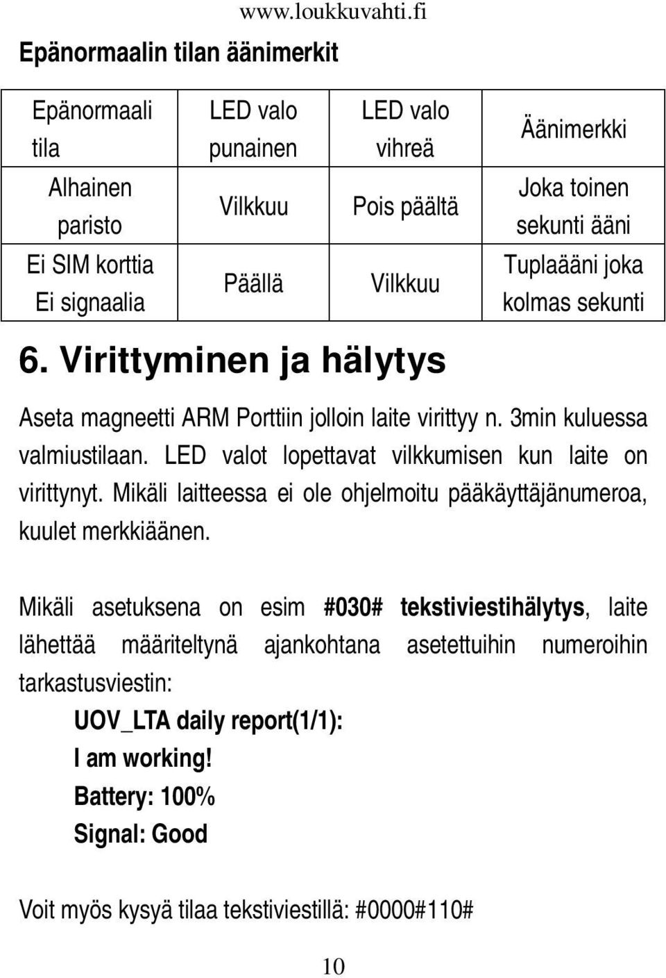 LED valot lopettavat vilkkumisen kun laite on virittynyt. Mikäli laitteessa ei ole ohjelmoitu pääkäyttäjänumeroa, kuulet merkkiäänen.