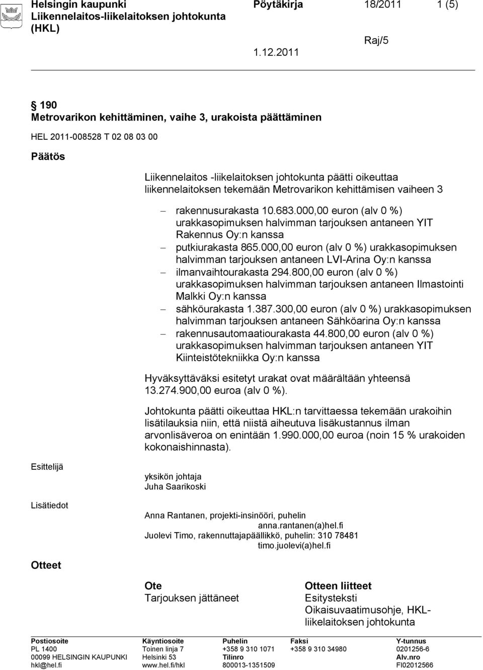 000,00 euron (alv 0 %) urakkasopimuksen halvimman tarjouksen antaneen LVI-Arina Oy:n kanssa ilmanvaihtourakasta 294.