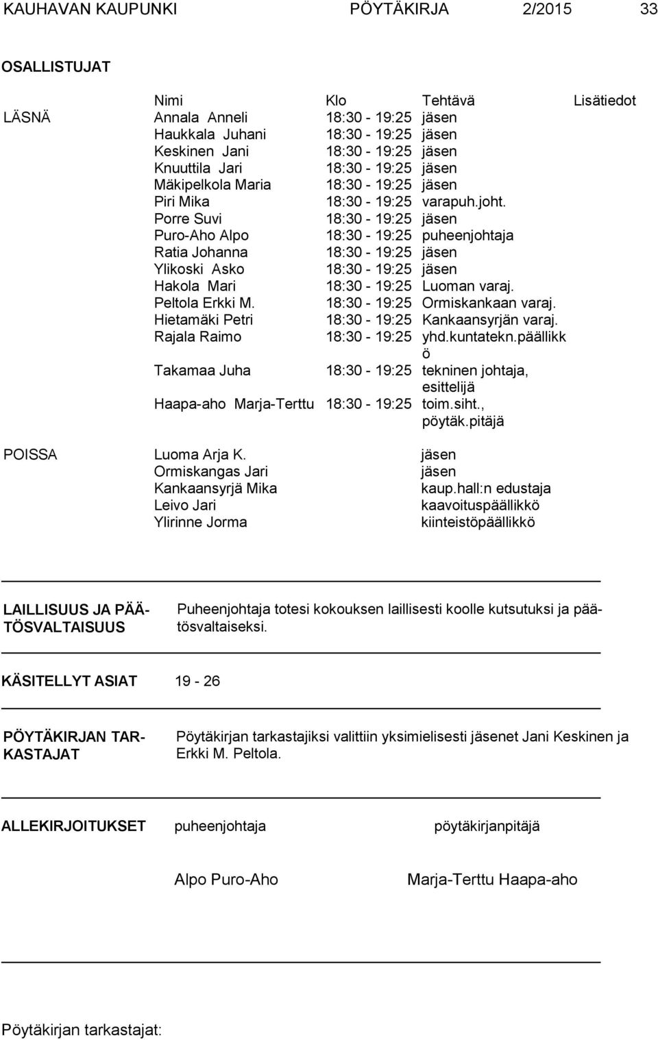 Porre Suvi 18:30-19:25 jäsen Puro-Aho Alpo 18:30-19:25 puheenjohtaja Ratia Johanna 18:30-19:25 jäsen Ylikoski Asko 18:30-19:25 jäsen Hakola Mari 18:30-19:25 Luoman varaj. Peltola Erkki M.