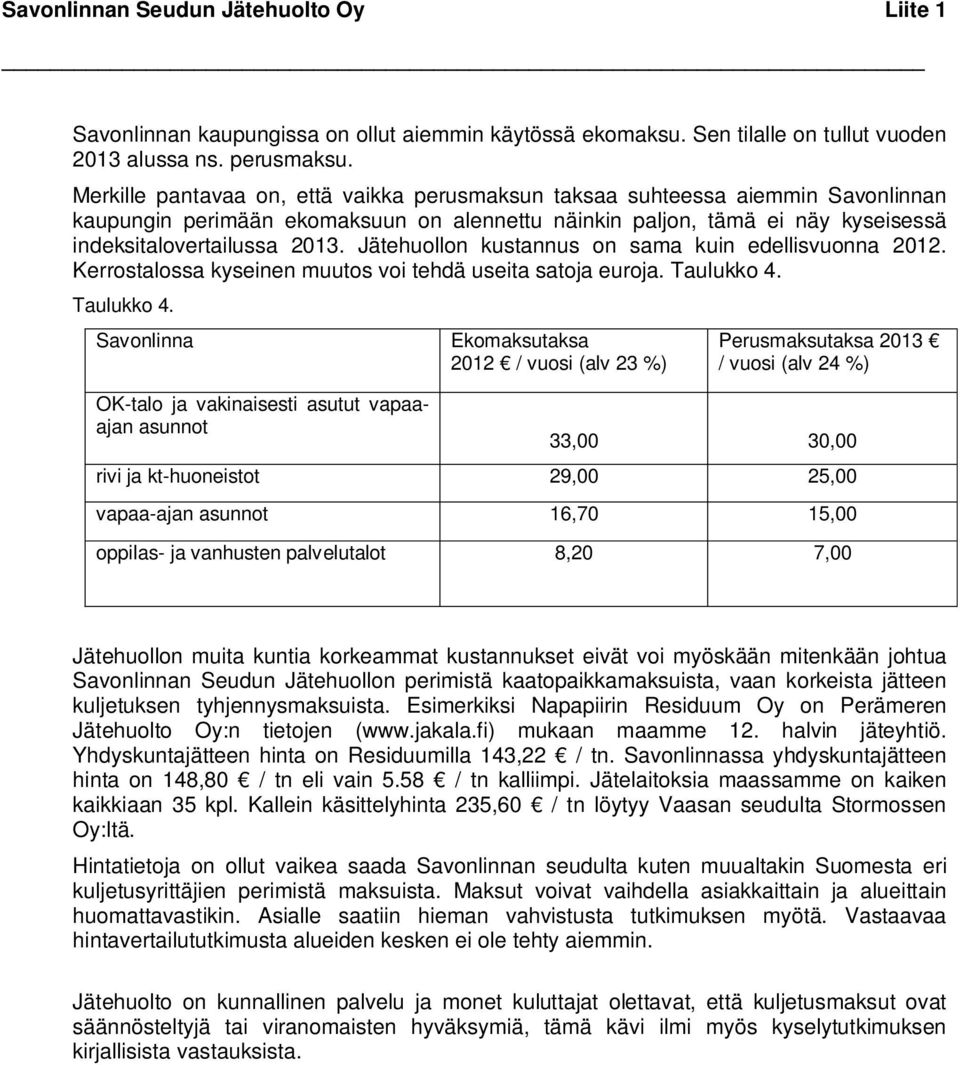 Jätehuollon kustannus on sama kuin edellisvuonna 2012. Kerrostalossa kyseinen muutos voi tehdä useita satoja euroja. Taulukko 4.