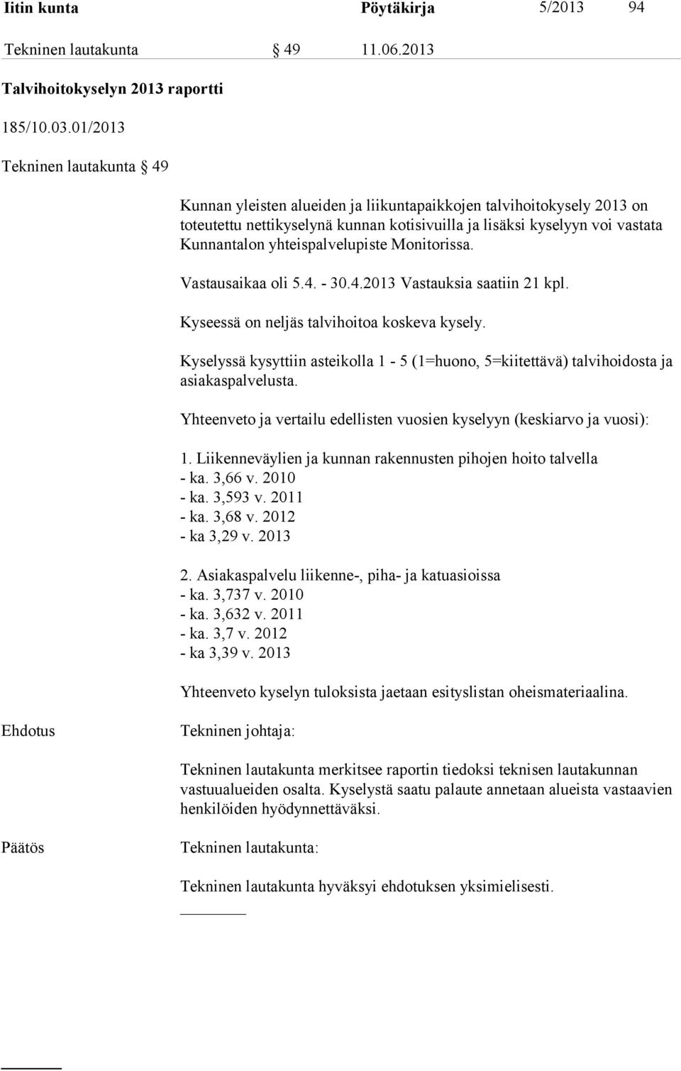 yhteispalvelupiste Monitorissa. Vastausaikaa oli 5.4. - 30.4.2013 Vastauksia saatiin 21 kpl. Kyseessä on neljäs talvihoitoa koskeva kysely.