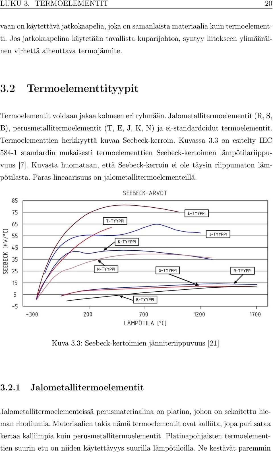 Jalometallitermoelementit (R, S, B), perusmetallitermoelementit (T, E, J, K, N) ja ei-standardoidut termoelementit. Termoelementtien herkkyyttä kuvaa Seebeck-kerroin. Kuvassa 3.