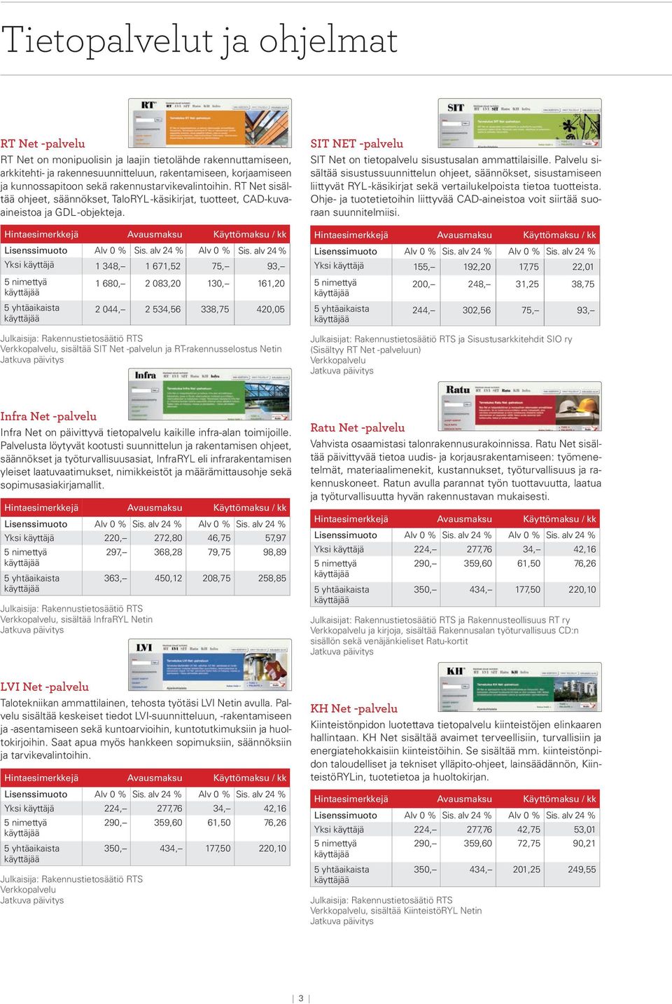 Yksi käyttäjä 1 348, 1 671,52 75, 93, 1 680, 2 083,20 130, 161,20 2 044, 2 534,56 338,75 420,05 Julkaisija: Verkkopalvelu, sisältää SIT Net -palvelun ja RT-rakennusselostus Netin SIT NET -palvelu SIT
