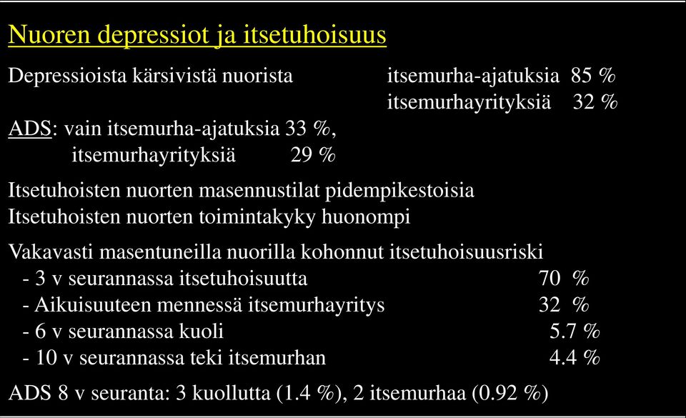 huonompi Vakavasti masentuneilla nuorilla kohonnut itsetuhoisuusriski - 3 v seurannassa itsetuhoisuutta 70 % - Aikuisuuteen mennessä