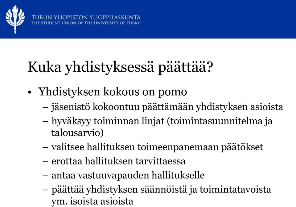 toiminnan linjat (toimintasuunnitelma ja talousarvio) valitsee hallituksen