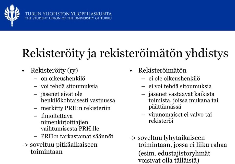 pitkäaikaiseen toimintaan Rekisteröimätön ei ole oikeushenkilö ei voi tehdä sitoumuksia jäsenet vastaavat kaikista toimista, joissa mukana