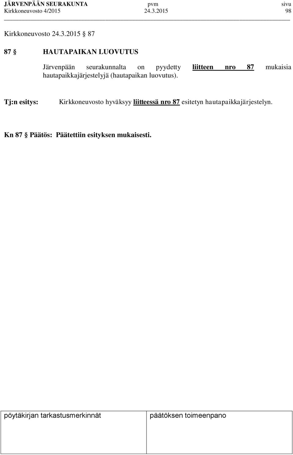 2015 87 87 HAUTAPAIKAN LUOVUTUS Järvenpään seurakunnalta on pyydetty liitteen nro