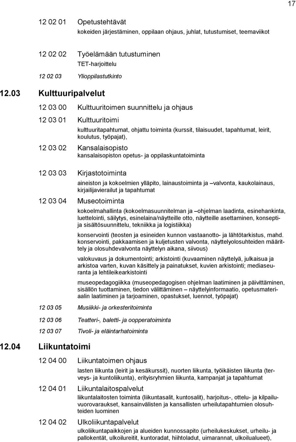 02 Kansalaisopisto kansalaisopiston opetus- ja oppilaskuntatoiminta 12 03 03 Kirjastotoiminta aineiston ja kokoelmien ylläpito, lainaustoiminta ja valvonta, kaukolainaus, kirjailijavierailut ja