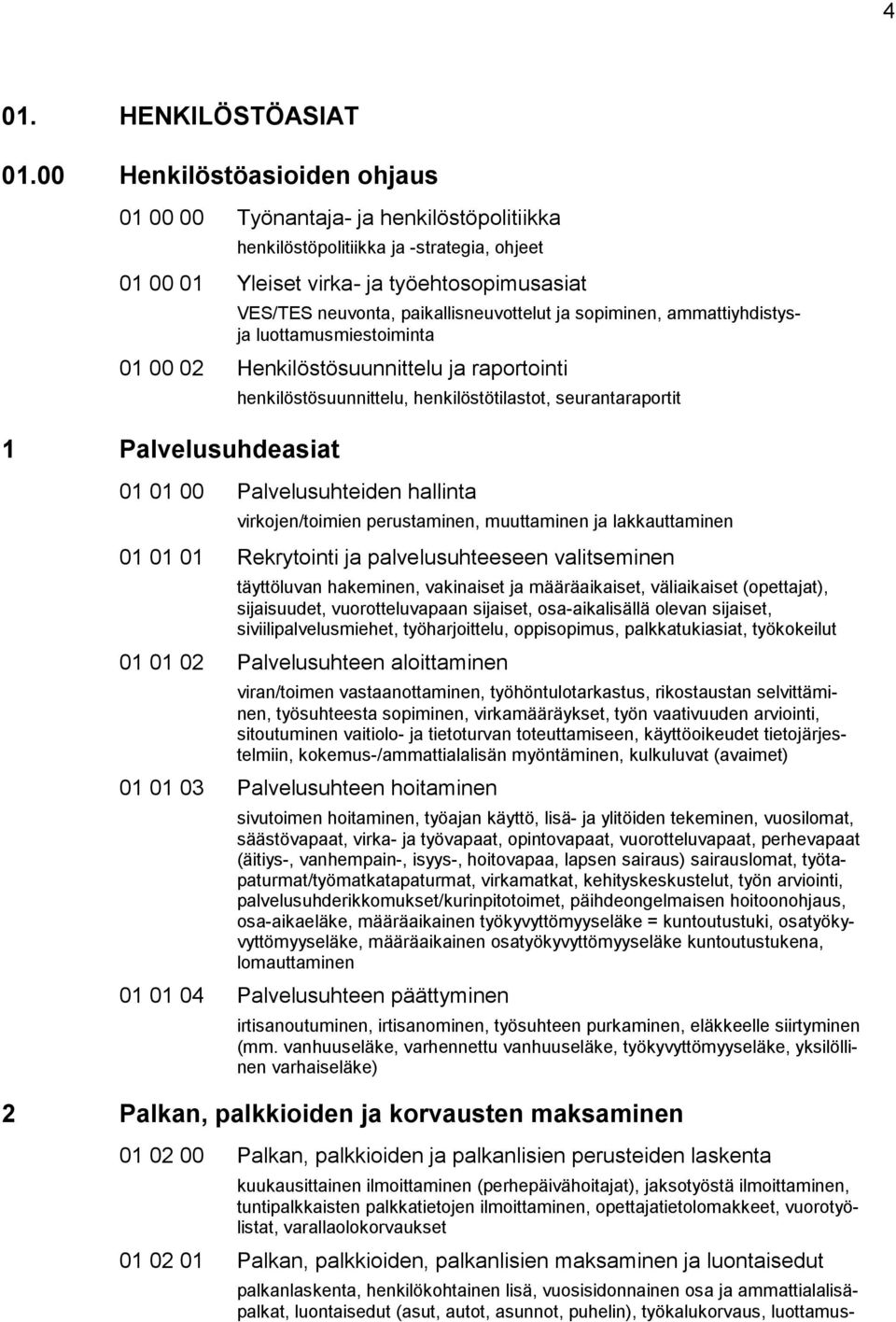 paikallisneuvottelut ja sopiminen, ammattiyhdistysja luottamusmiestoiminta 01 00 02 Henkilöstösuunnittelu ja raportointi 1 Palvelusuhdeasiat henkilöstösuunnittelu, henkilöstötilastot,