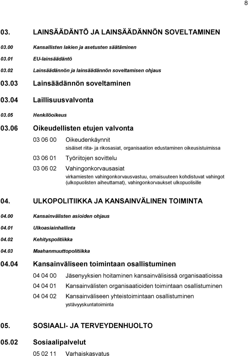 06 Oikeudellisten etujen valvonta 03 06 00 Oikeudenkäynnit sisäiset riita- ja rikosasiat, organisaation edustaminen oikeusistuimissa 03 06 01 Työriitojen sovittelu 03 06 02 Vahingonkorvausasiat