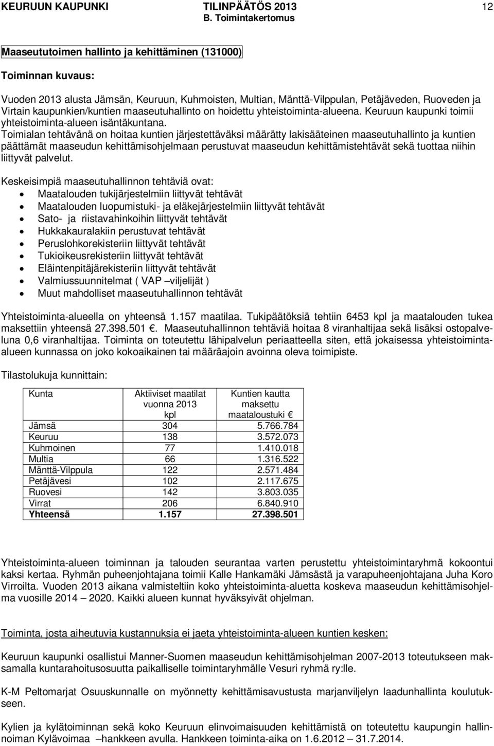 kaupunkien/kuntien maaseutuhallinto on hoidettu yhteistoiminta-alueena. Keuruun kaupunki toimii yhteistoiminta-alueen isäntäkuntana.