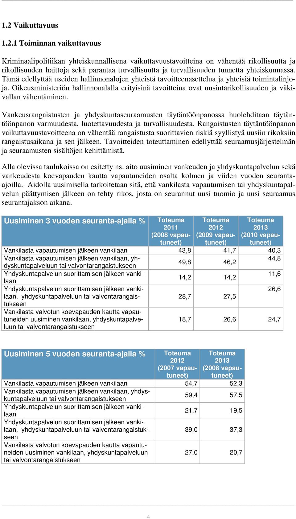 Oikeusministeriön hallinnonalalla erityisinä tavoitteina ovat uusintarikollisuuden ja väkivallan vähentäminen.