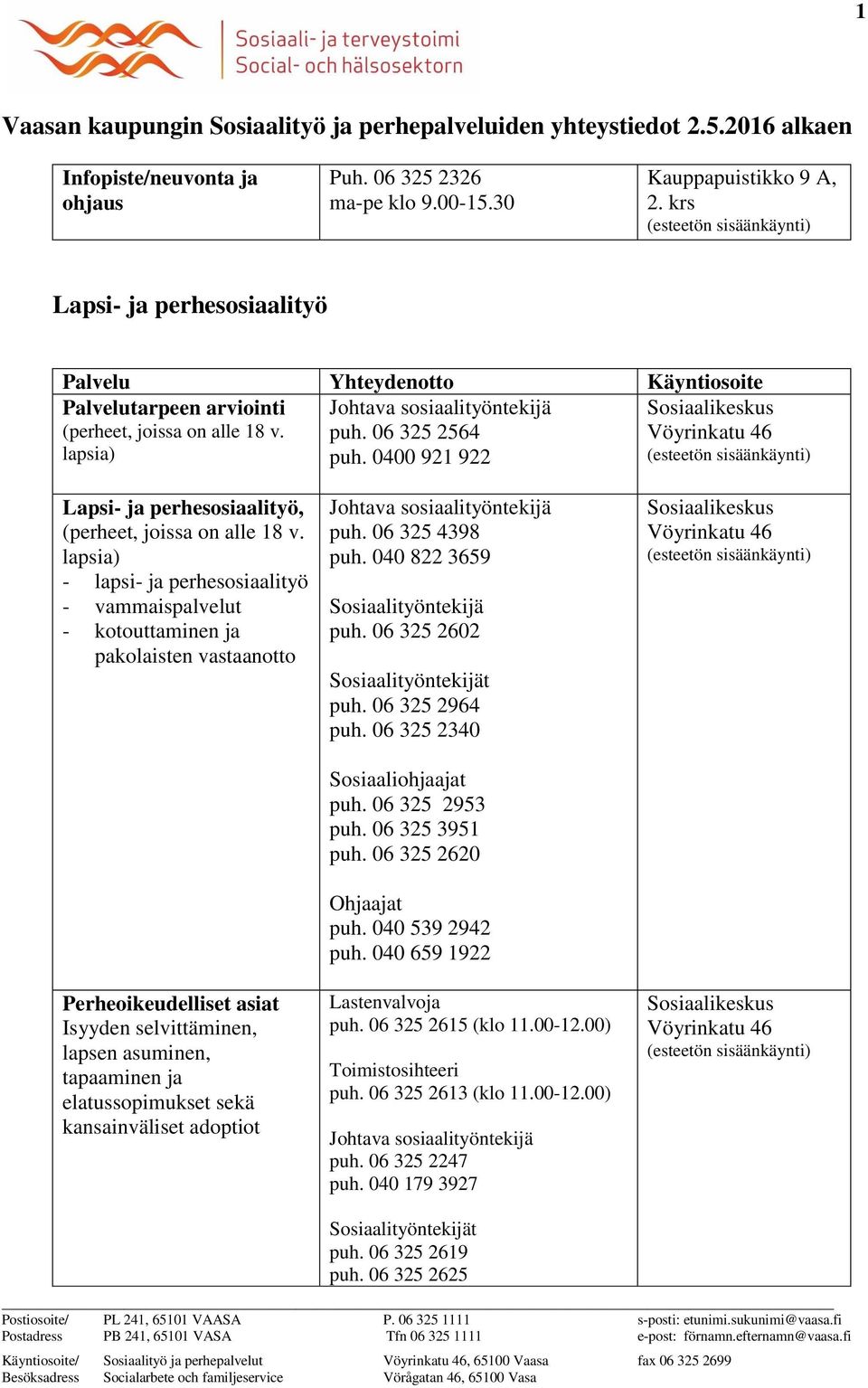 0400 921 922 Lapsi- ja perhesosiaalityö, (perheet, joissa on alle 18 v.