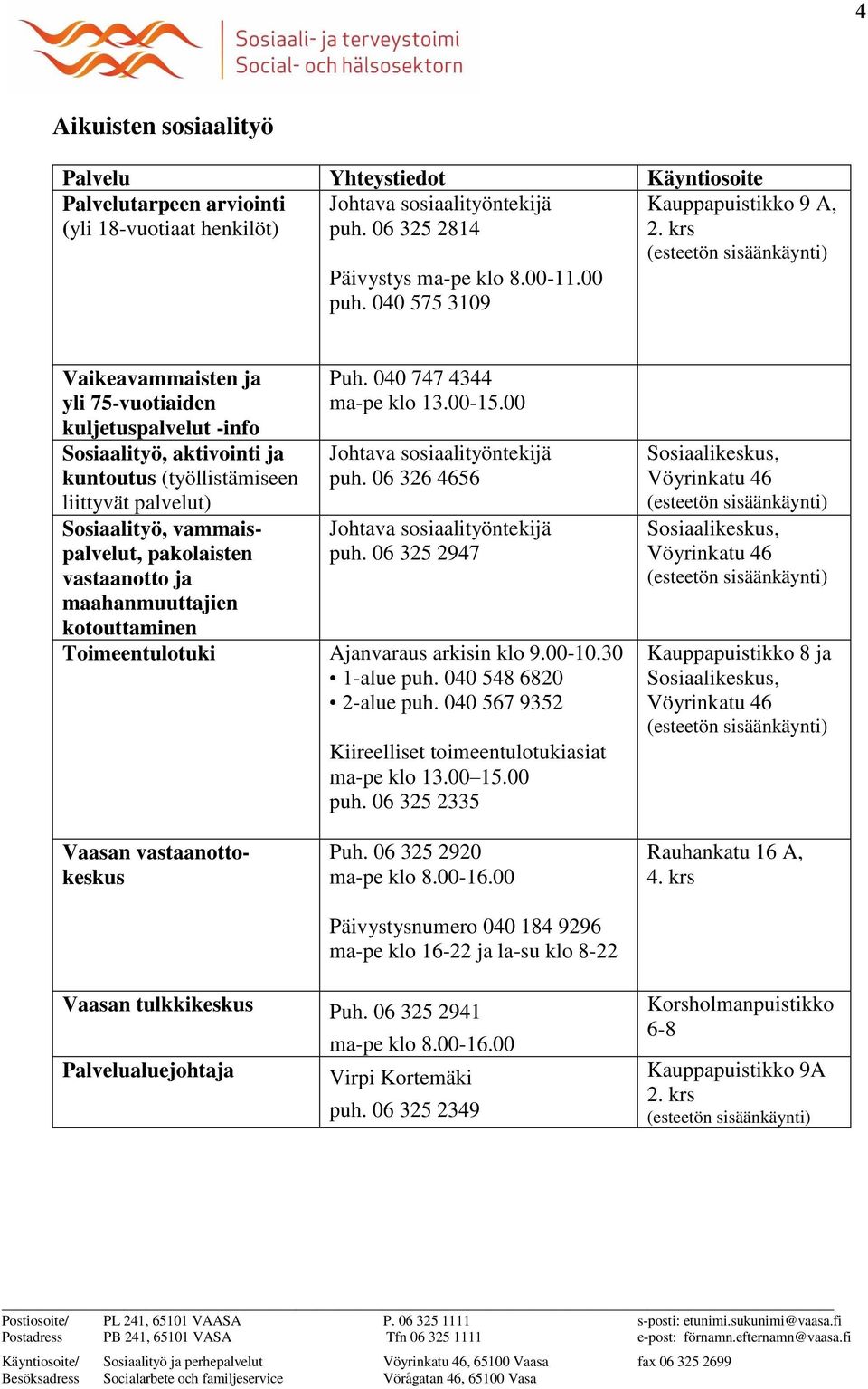 pakolaisten vastaanotto ja maahanmuuttajien kotouttaminen Puh. 040 747 4344 ma-pe klo 13.00-15.00 puh. 06 326 4656 puh. 06 325 2947 Toimeentulotuki Ajanvaraus arkisin klo 9.00-10.30 1-alue puh.