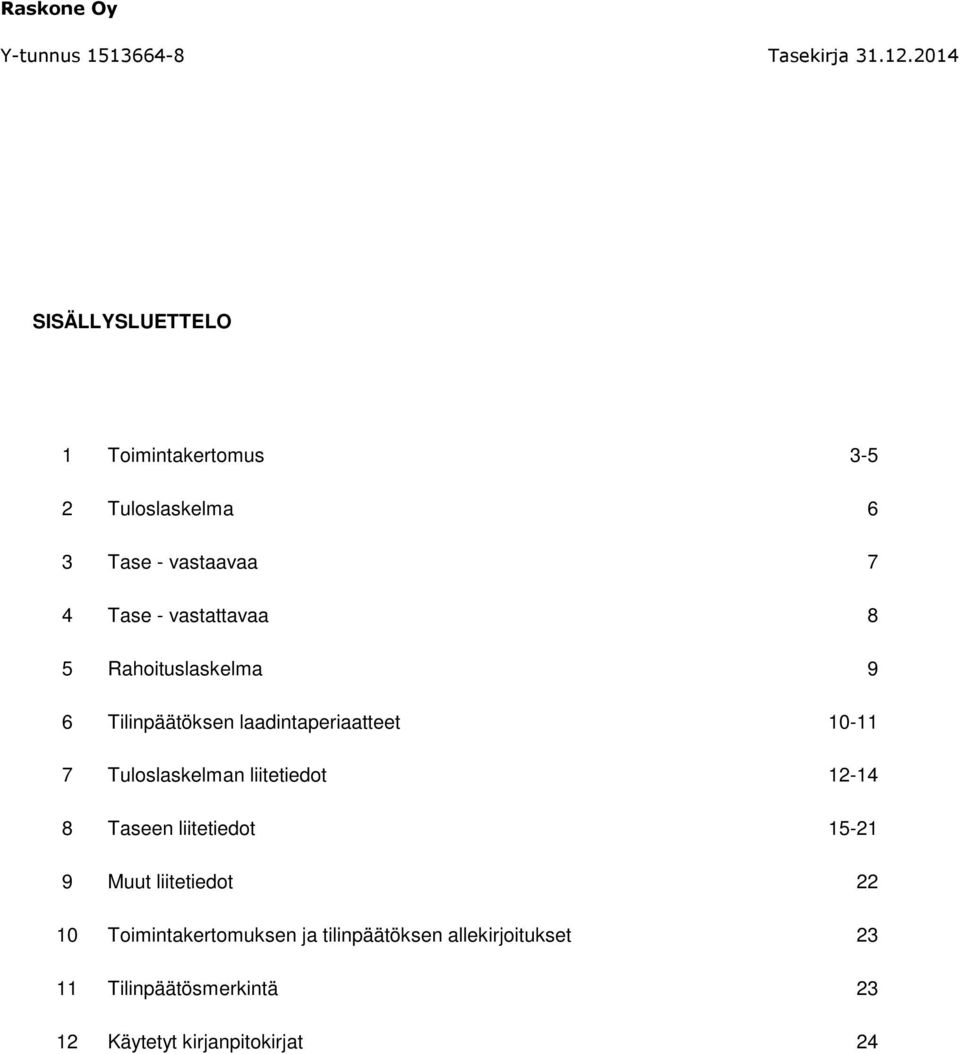 Tuloslaskelman liitetiedot 12-14 8 Taseen liitetiedot 15-21 9 Muut liitetiedot 22 10