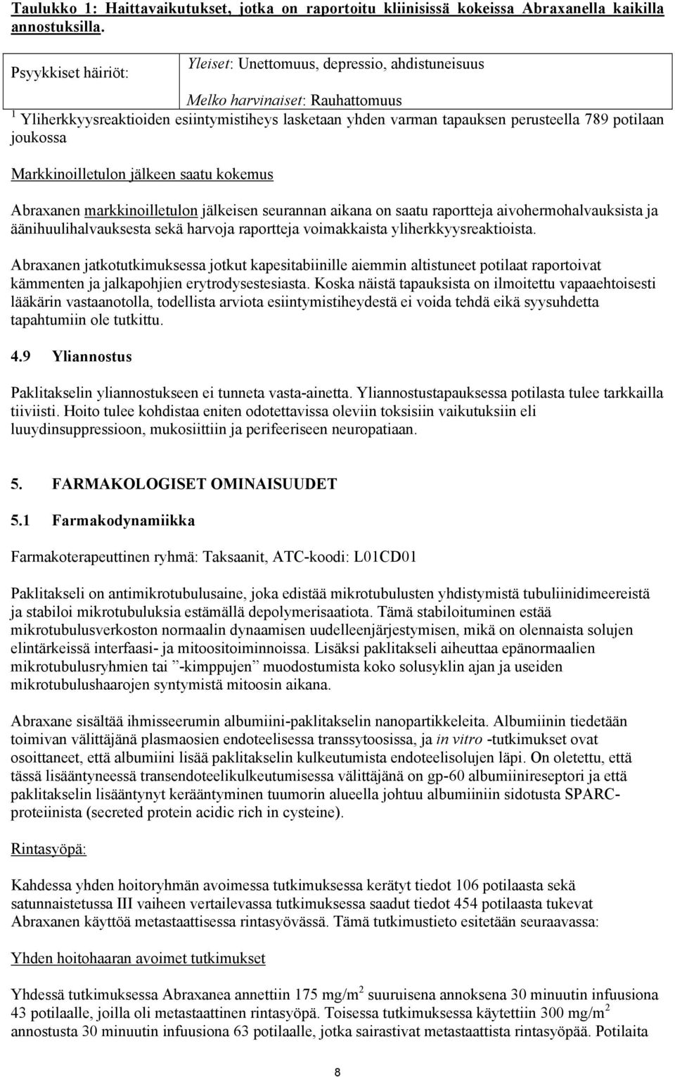 joukossa Markkinoilletulon jälkeen saatu kokemus Abraxanen markkinoilletulon jälkeisen seurannan aikana on saatu raportteja aivohermohalvauksista ja äänihuulihalvauksesta sekä harvoja raportteja