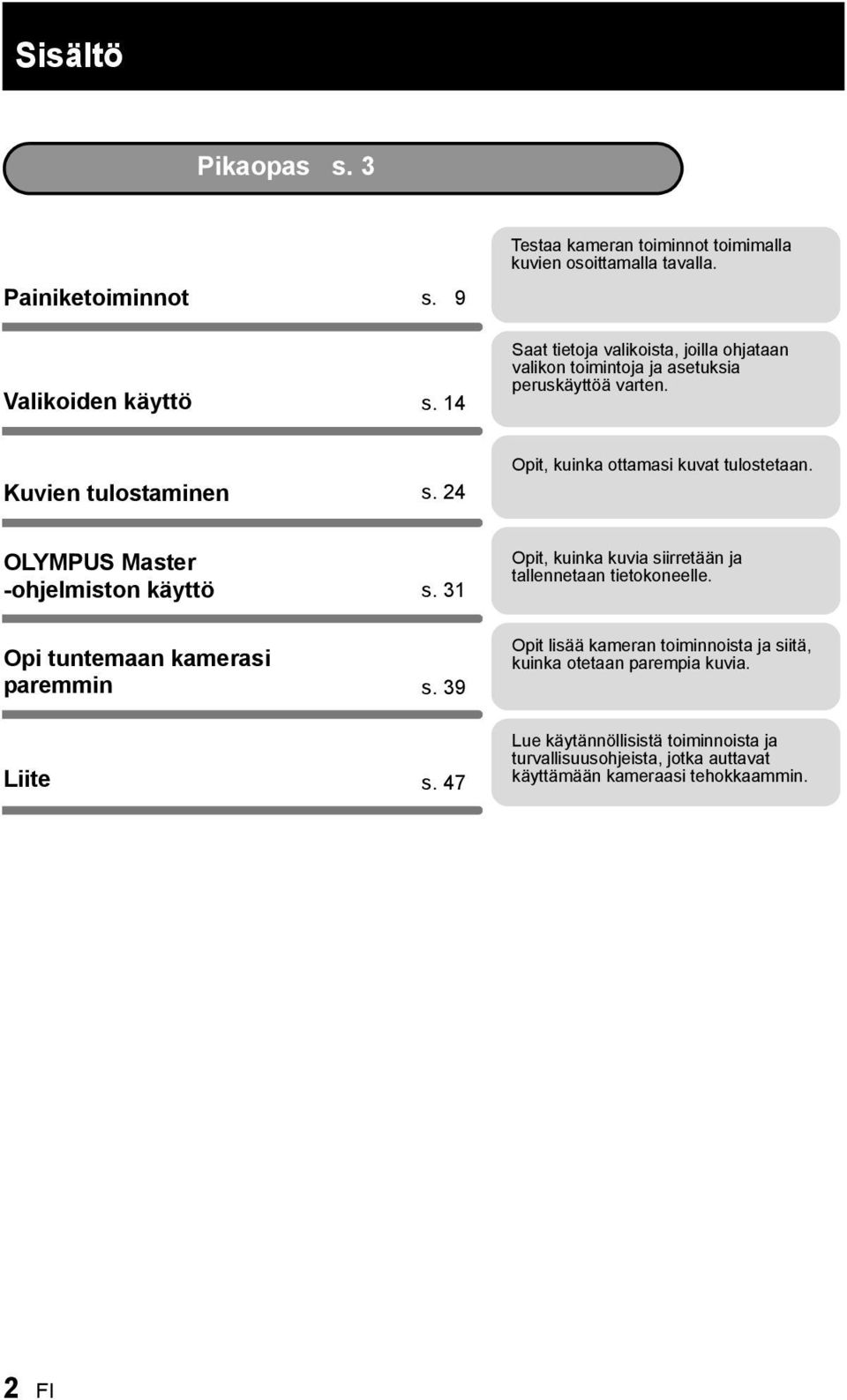 24 Opit, kuinka ottamasi kuvat tulostetaan. OLYMPUS Master -ohjelmiston käyttö s. 31 Opit, kuinka kuvia siirretään ja tallennetaan tietokoneelle.