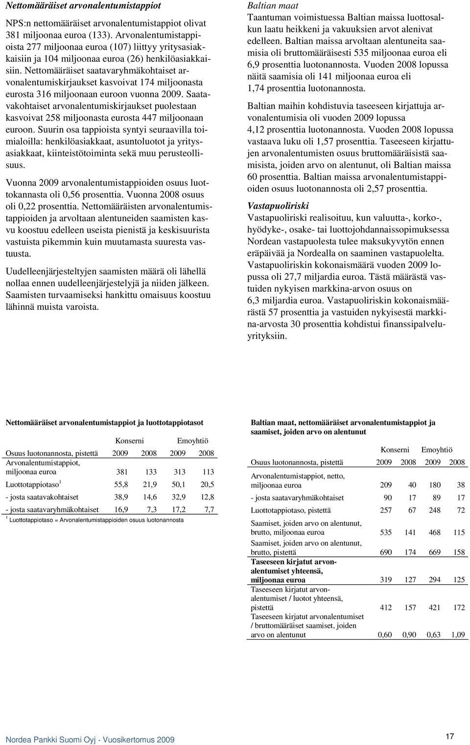 Nettomääräiset saatavaryhmäkohtaiset arvonalentumiskirjaukset kasvoivat 174 miljoonasta eurosta 316 miljoonaan euroon vuonna 2009.