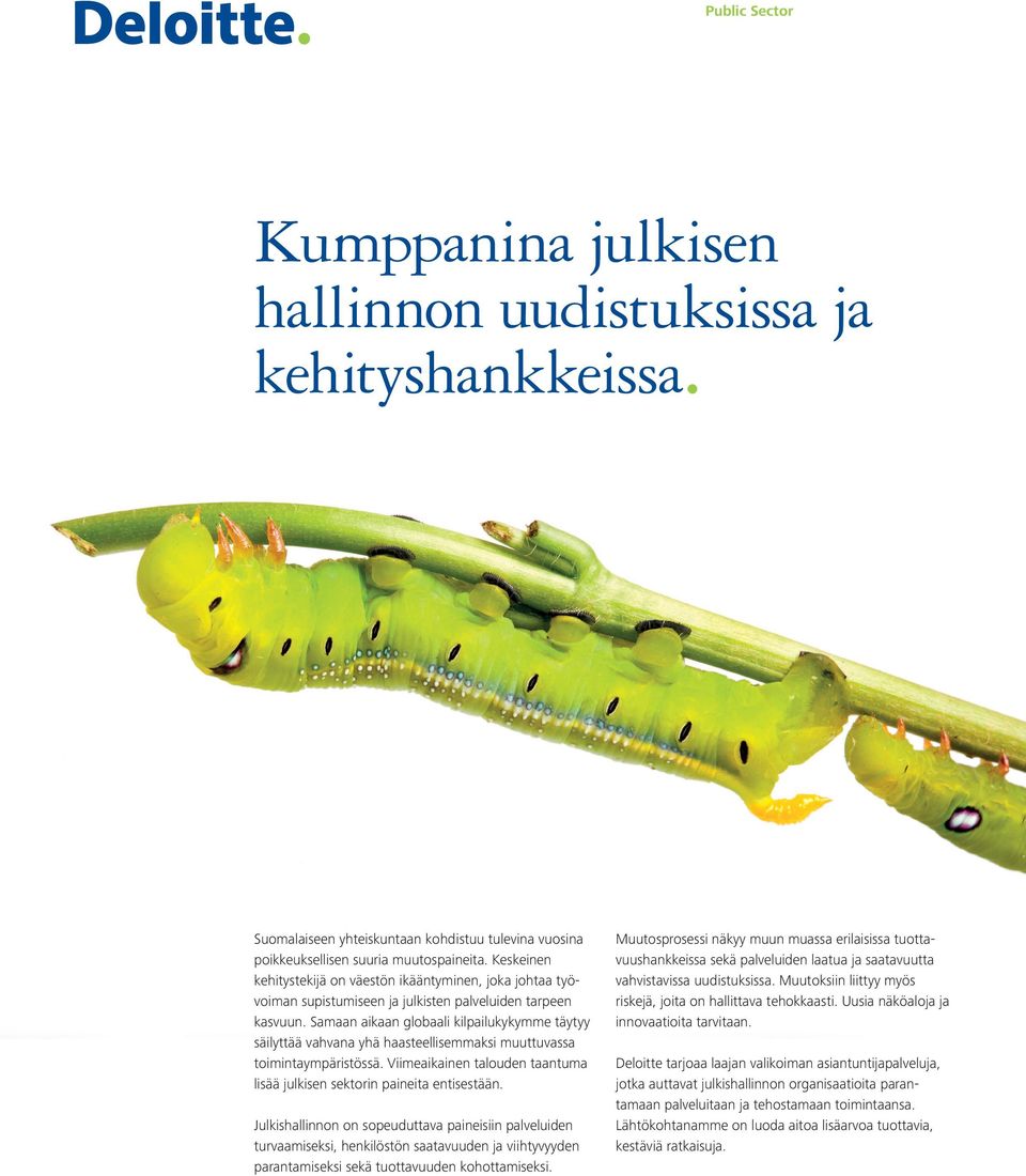 Samaan aikaan globaali kilpailukykymme täytyy säilyttää vahvana yhä haasteellisemmaksi muuttuvassa toimintaympäristössä. Viimeaikainen talouden taantuma lisää julkisen sektorin paineita entisestään.